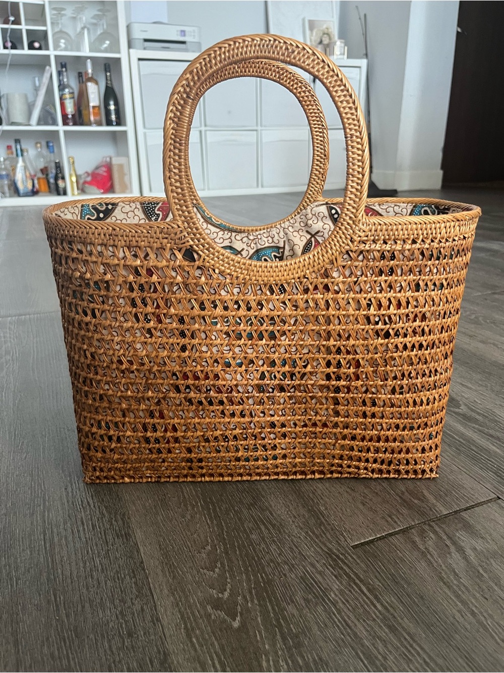 Woven Rattan Tote Bag with Round Handles - Natural Brown